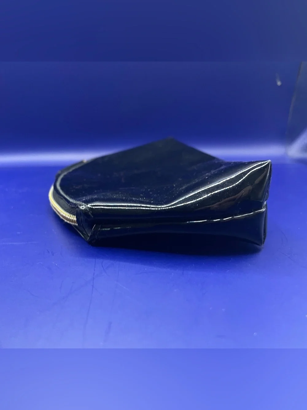 Vintage Glossy Black Patent Leather Cosmetic Bag Gold Zipper Small